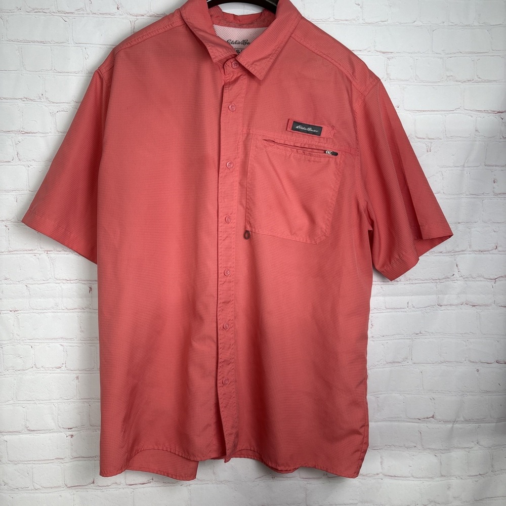 Eddie Bauer Bottom Down Shirt XL Coral Lightweight Outdoor Fishing Short Sleeves